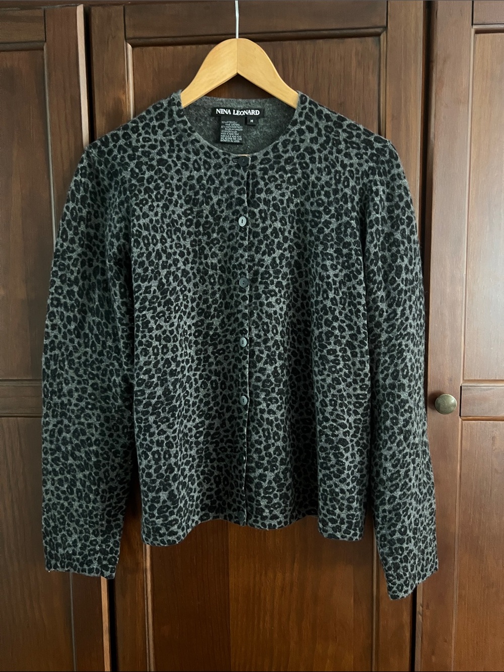 Vintage Angora Lambswool Leopard Parisian Luxury Cardigan Sweater Gray Black M